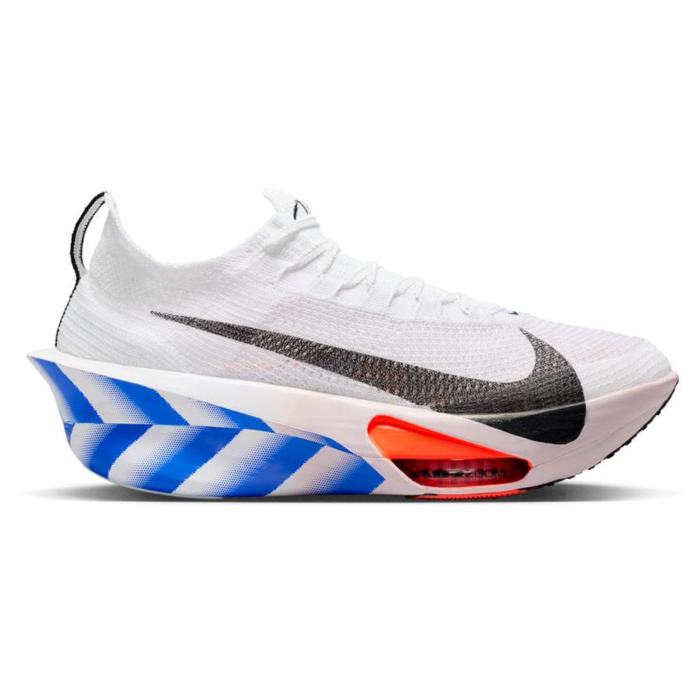 Side view on white background of Mens Nike Alphafly running shoe in White/Black/Platinum Violet/Silt Red, Medium (Regular) width
