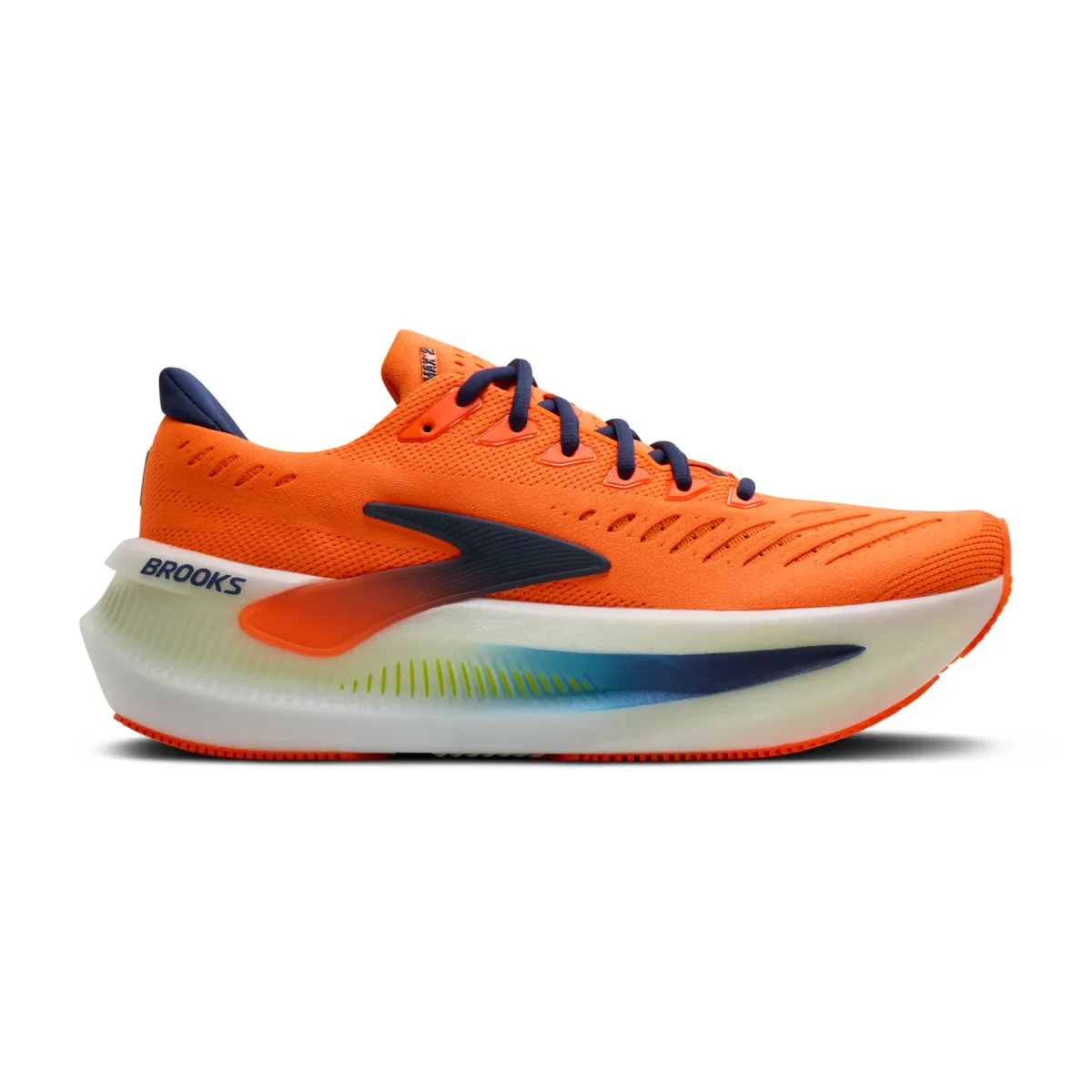 Side view on white background of Mens Brooks Glycerin Max running shoe in Orange/Beacon Blue/Nightlife, Medium (Regular) width