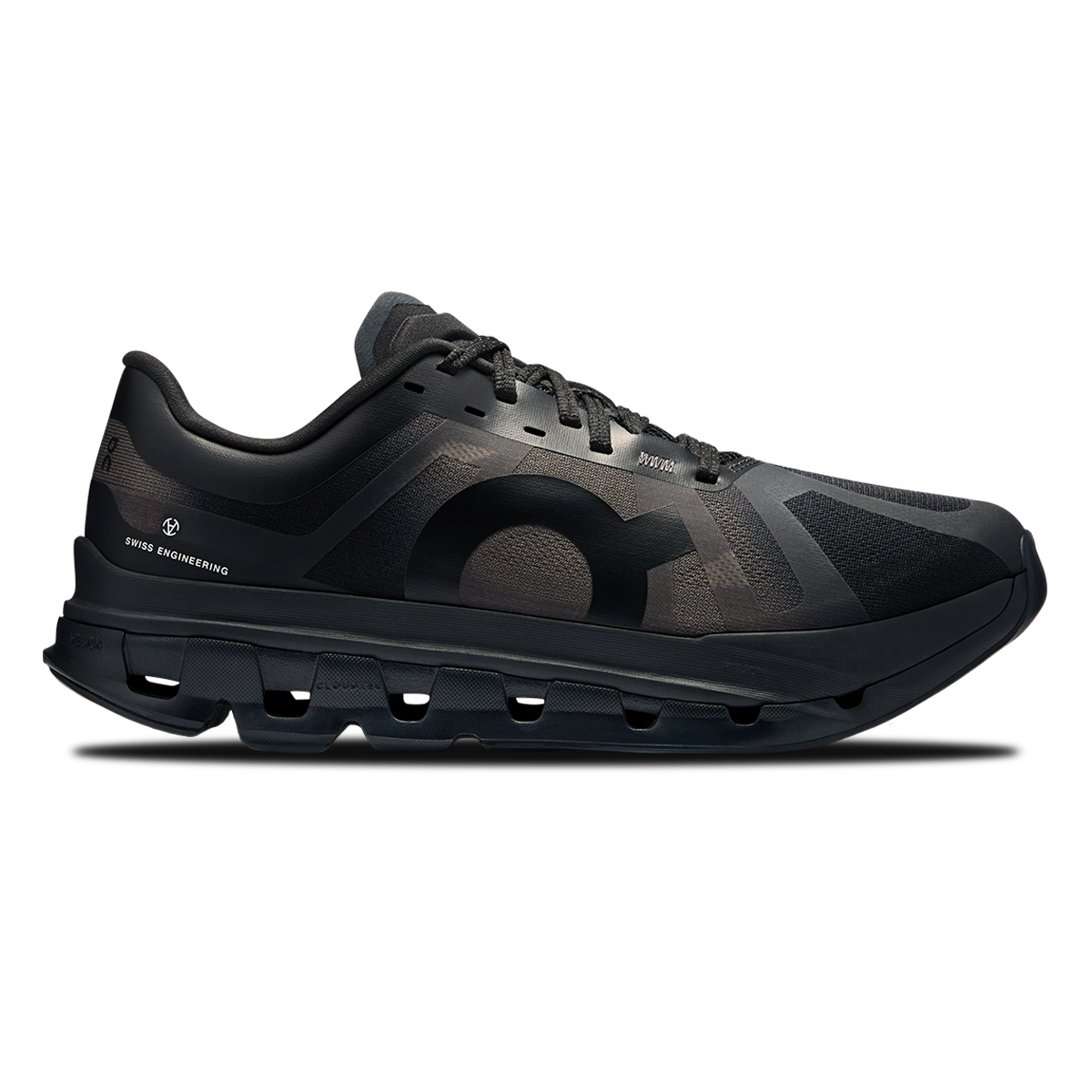 Side view on white background of Mens On Cloudflyer 5 running shoe in Black/White, Medium (Regular) width