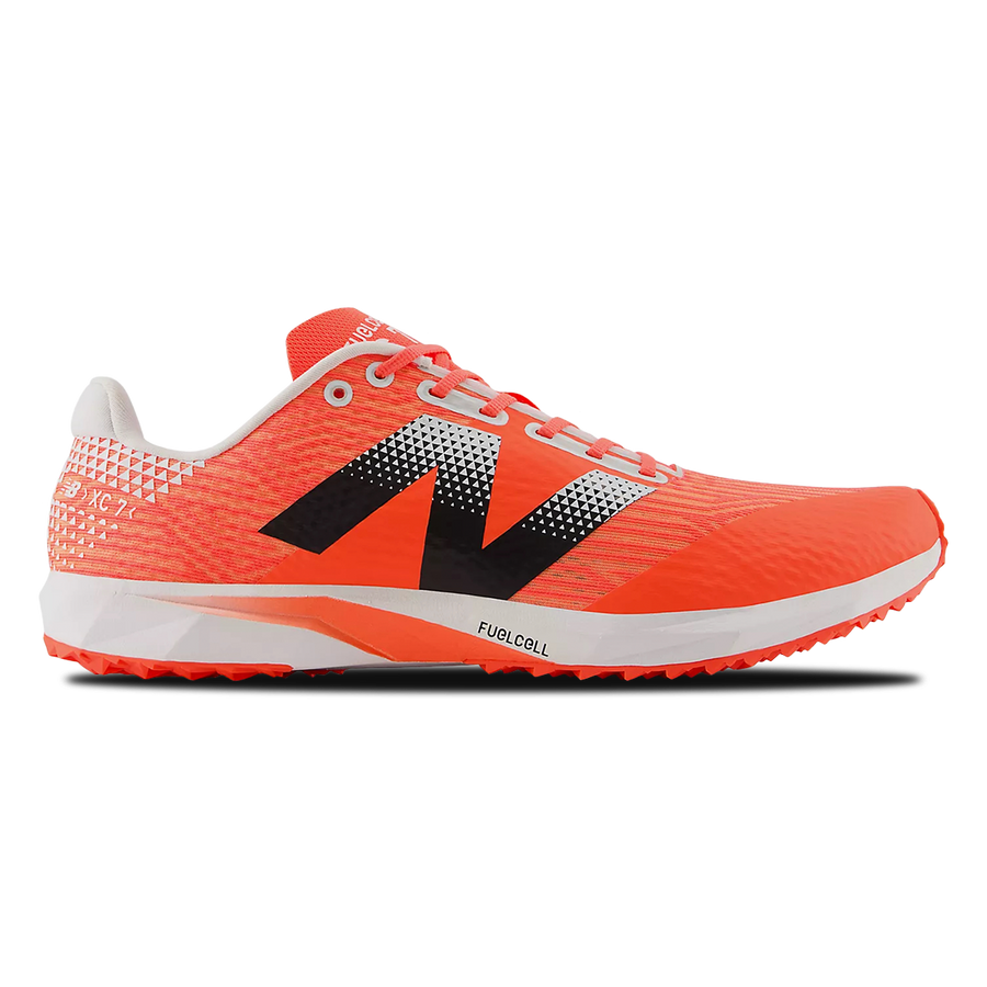 Side view on white background of Mens New Balance FuelCell XC7 v5 running shoe in Urgent Red/Black/White, Medium (Regular) width