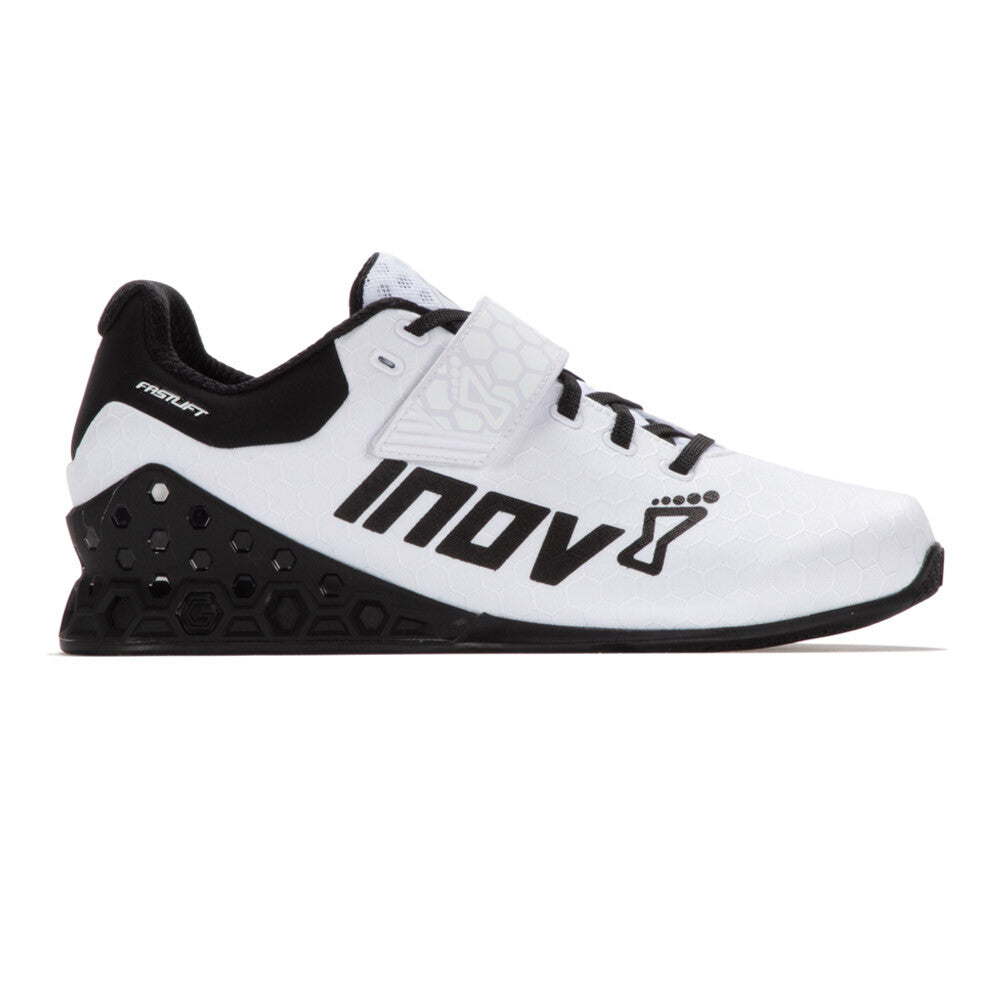 Side view on white background of Mens Inov8 Fastlift Power G 380 running shoe in White/Black, Medium (Regular) width