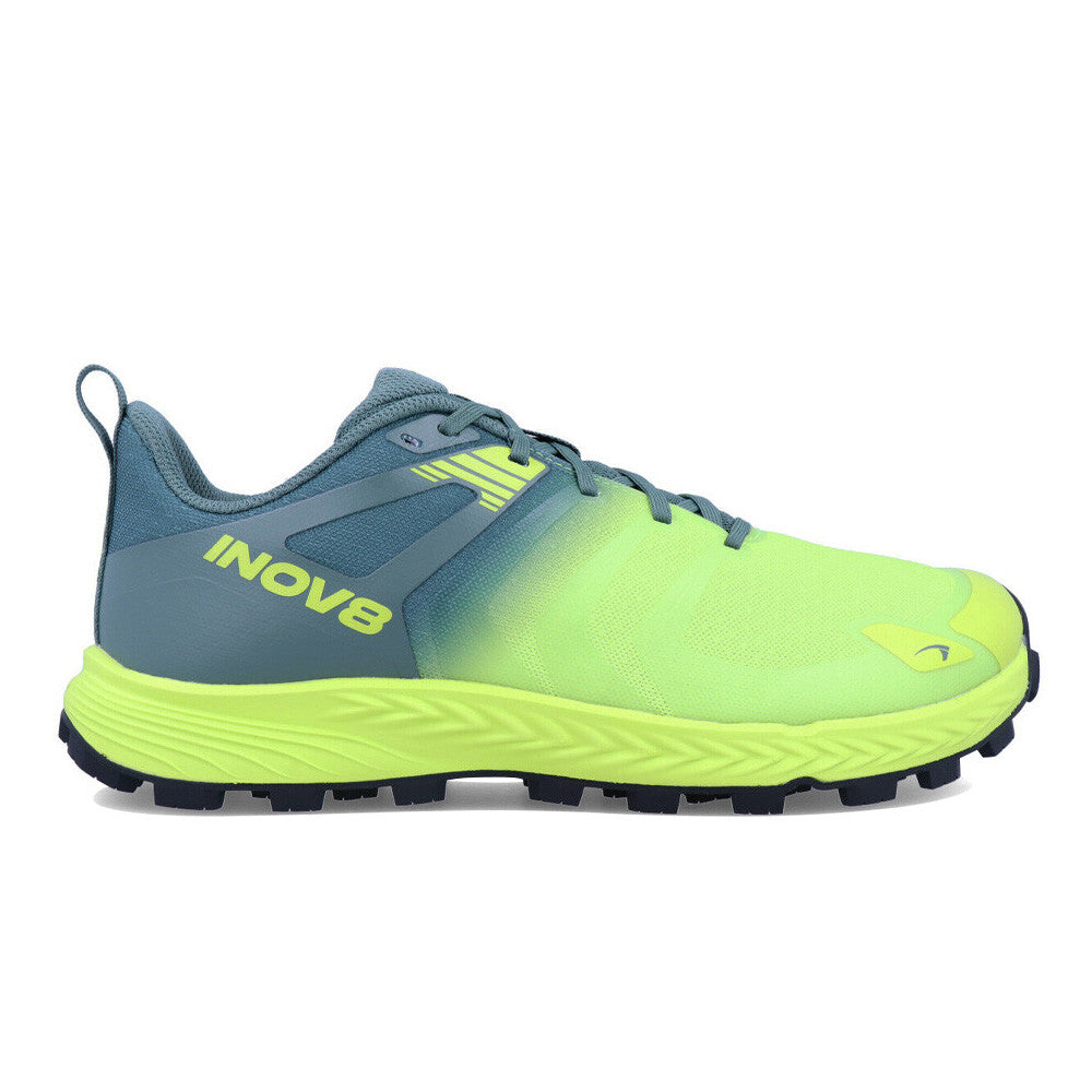 Side view on white background of Mens Inov8 Trailtalon Speed running shoe in Lime/Forest Green, Wide width
