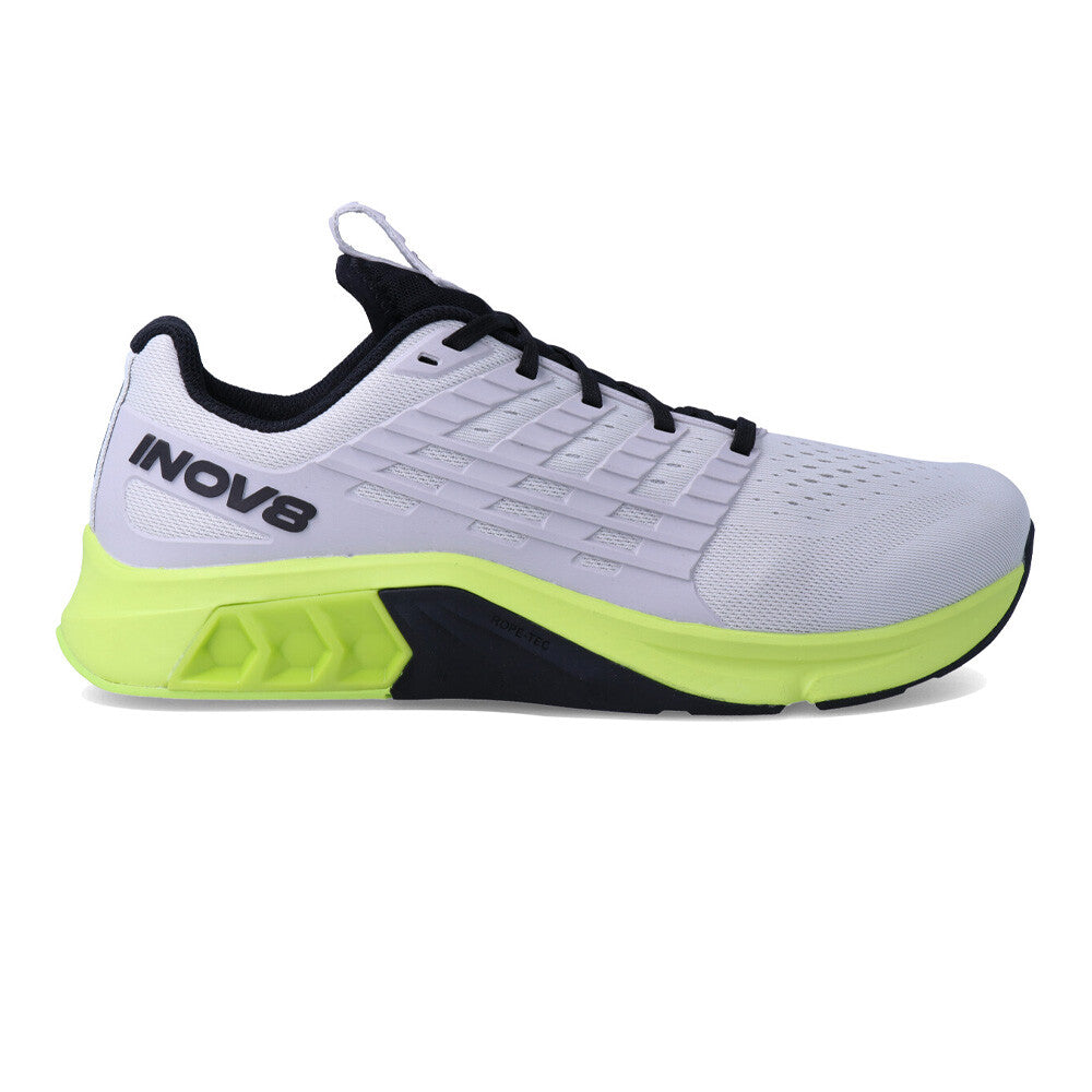 Side view on white background of Mens Inov8 F-Lite Max running shoe in Light Grey/Lime Black, Wide width