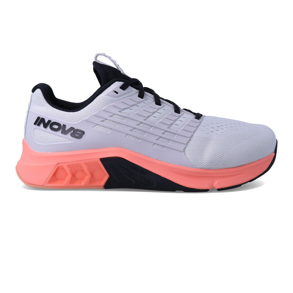 Side view on white background of Womens Inov8 F-Lite Max running shoe in Light Grey/Coral/Black, Wide width