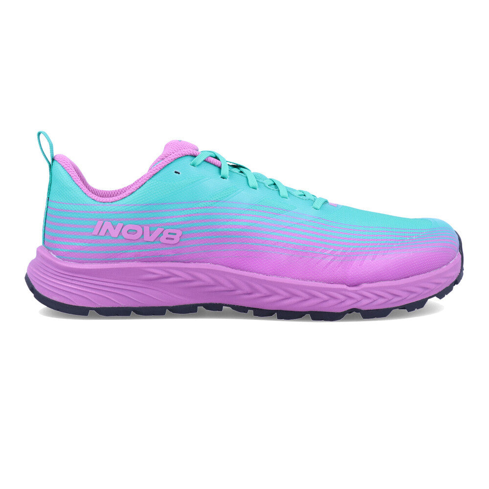 Side view on white background of Womens Inov8 TrailFly Speed running shoe in Aqua/Purple, Wide width