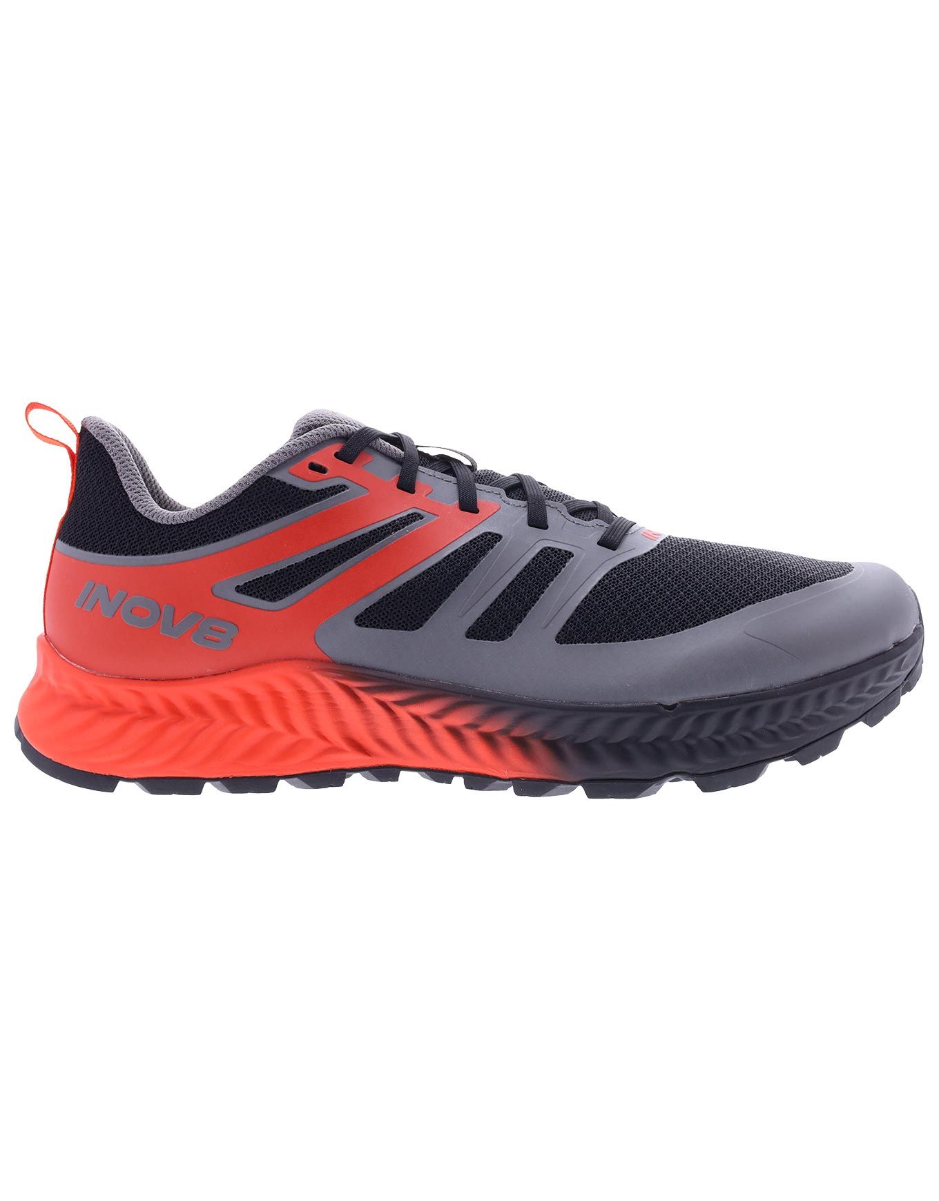 Side view on white background of Mens Inov8 TrailFly running shoe in Black/Fiery Red/Dark Grey, Wide width