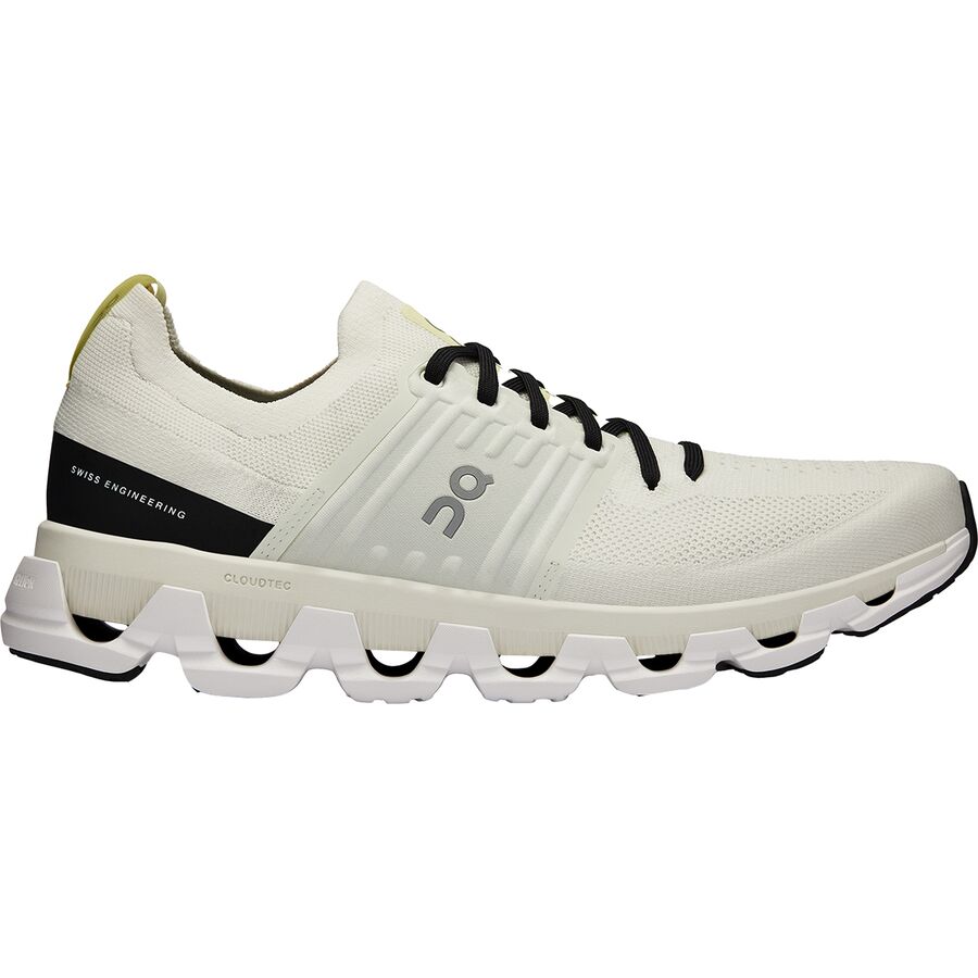 Side view on white background of Mens On Cloudswift 3 running shoe in Ivory/Black, Medium (Regular) width