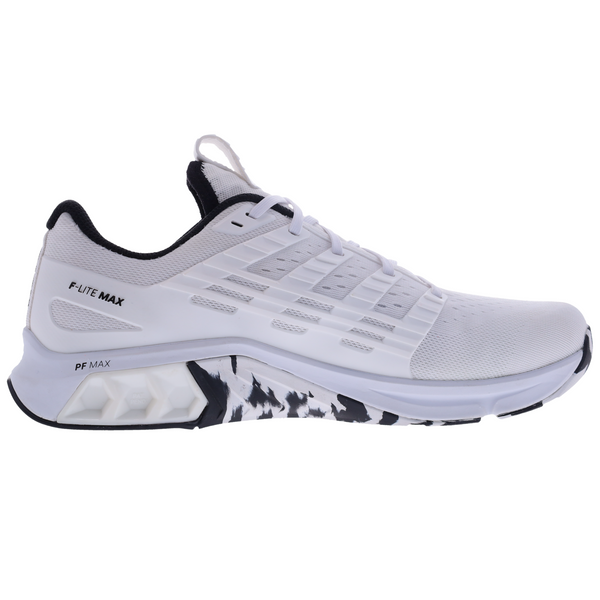 Side view on white background of Mens Inov8 F-Lite Max running shoe in White/Multi, Wide width