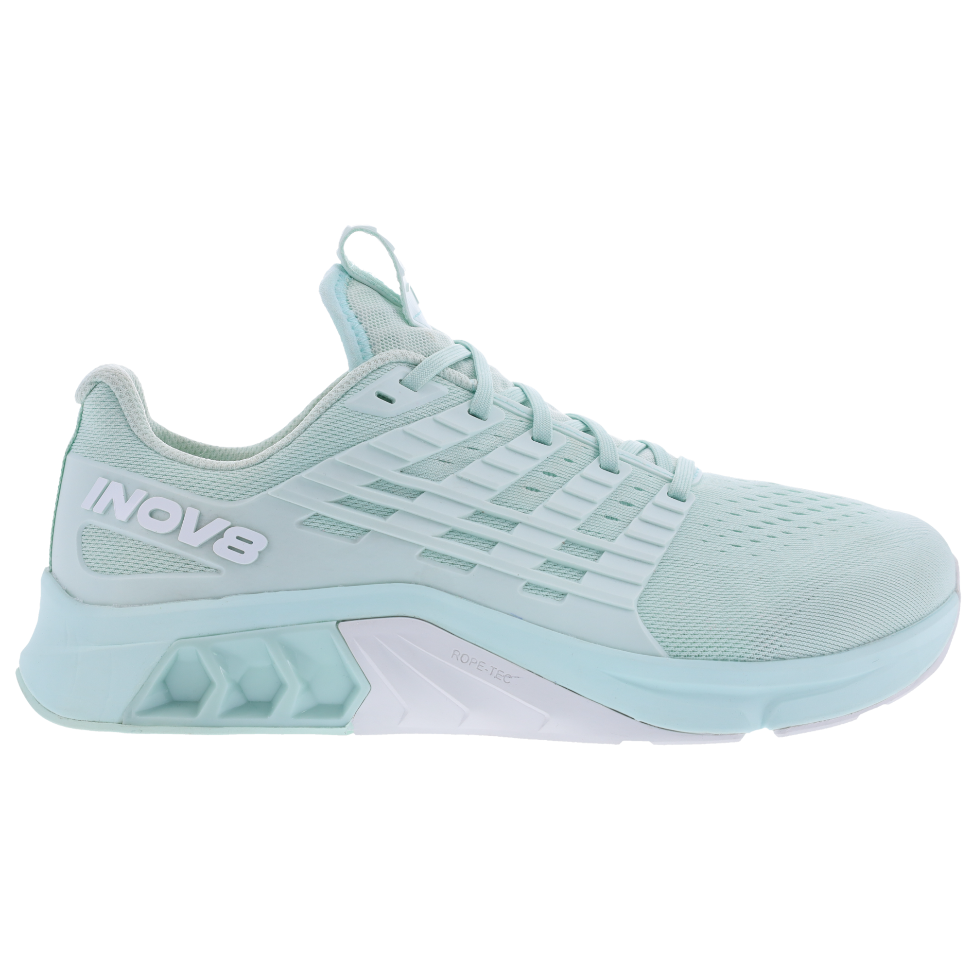 Side view on white background of Womens Inov8 F-Lite Max running shoe in Mint/White, Wide width