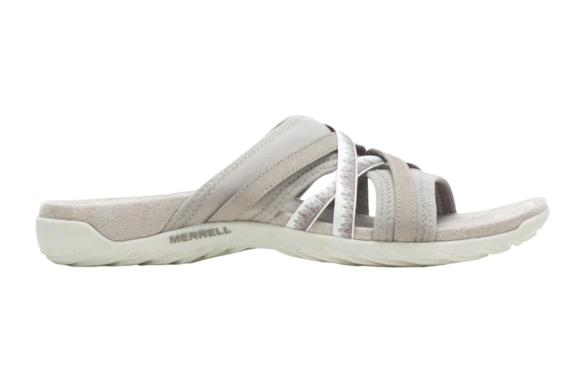 Side view on white background of Womens Merrell Terran 3 Cush Slide running shoe in Moon, Medium (Regular) width