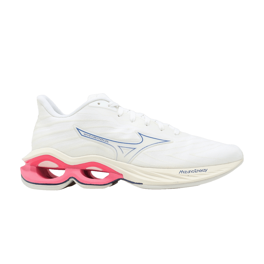 Side view on white background of Womens Mizuno Wave Creation 25 SSW running shoe in White/Pearl Blue, Medium (Regular) width