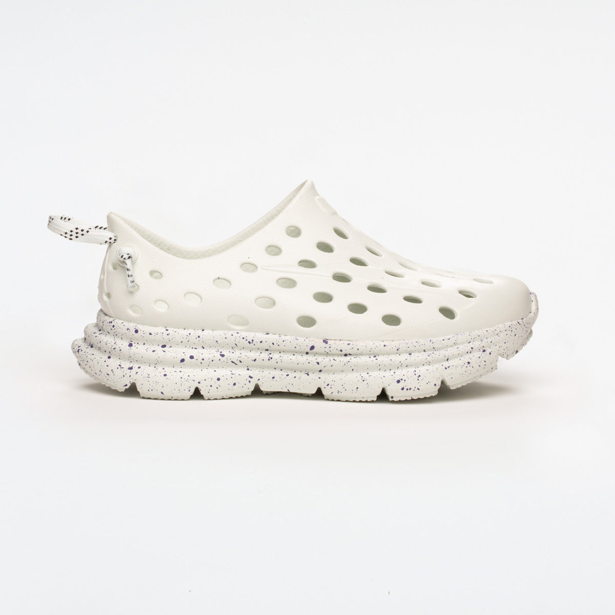 Side view on white background of Womens Kane Revive running shoe in Cloud Gray/Purple Speckle, Medium (Regular) width