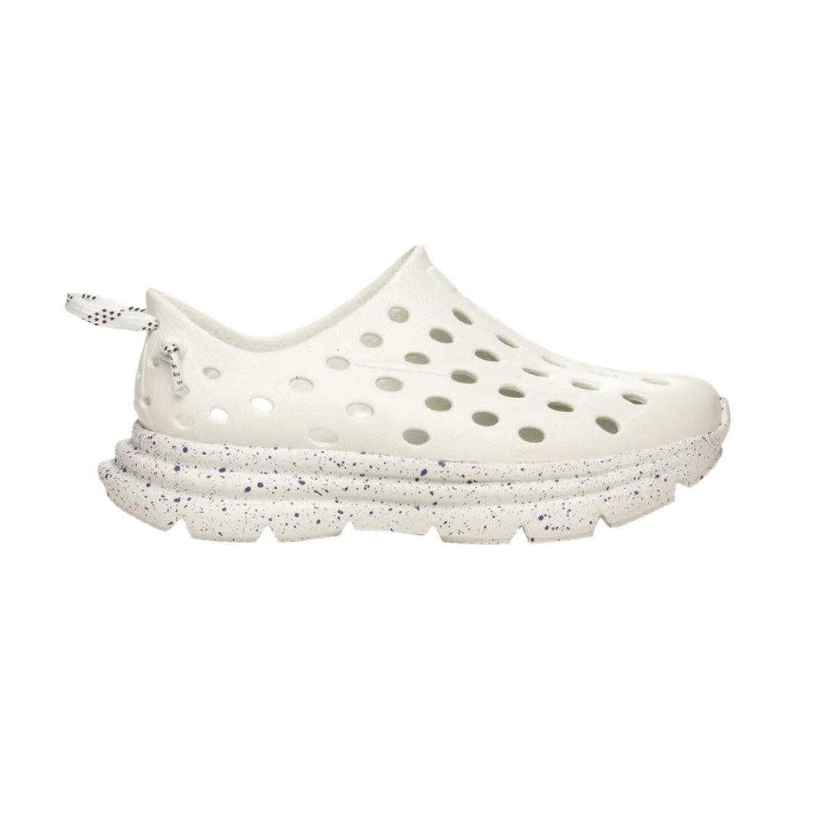 Side view on white background of Womens Kane Revive running shoe in Cloud Gray/Purple Speckle, Medium (Regular) width