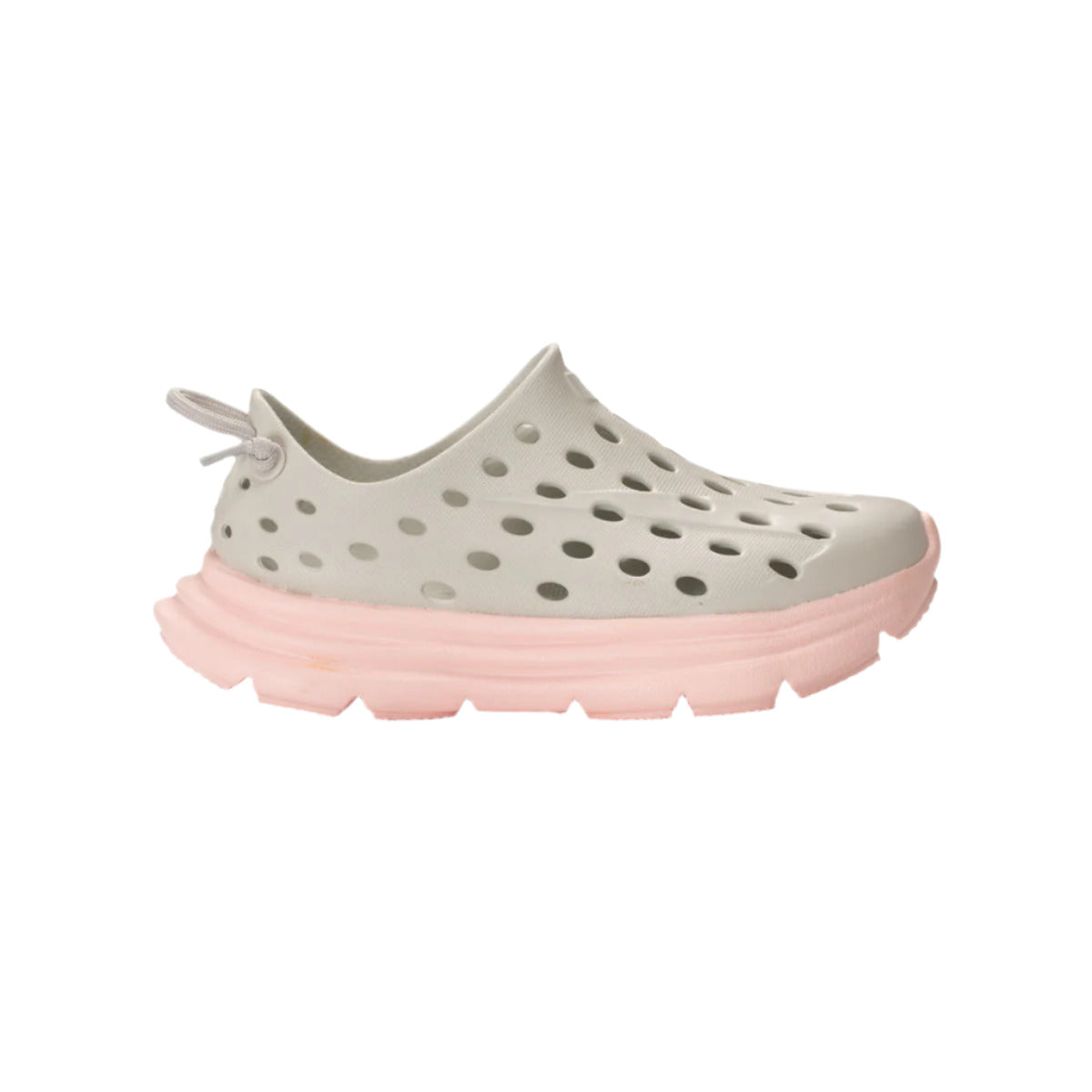 Side view on white background of Womens Kane Revive running shoe in Heather/Pink, Medium (Regular) width