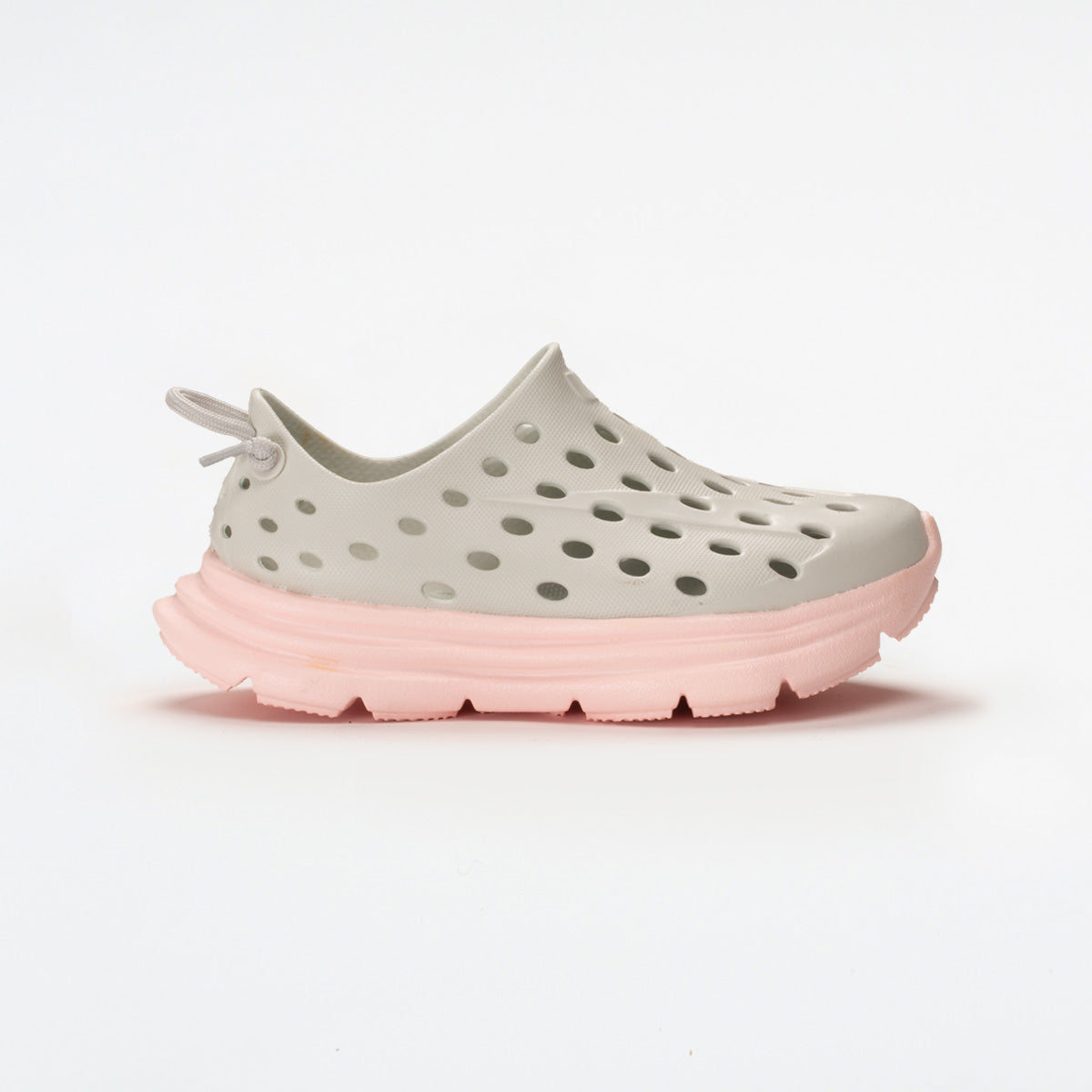 Side view on white background of Womens Kane Revive running shoe in Heather/Pink, Medium (Regular) width