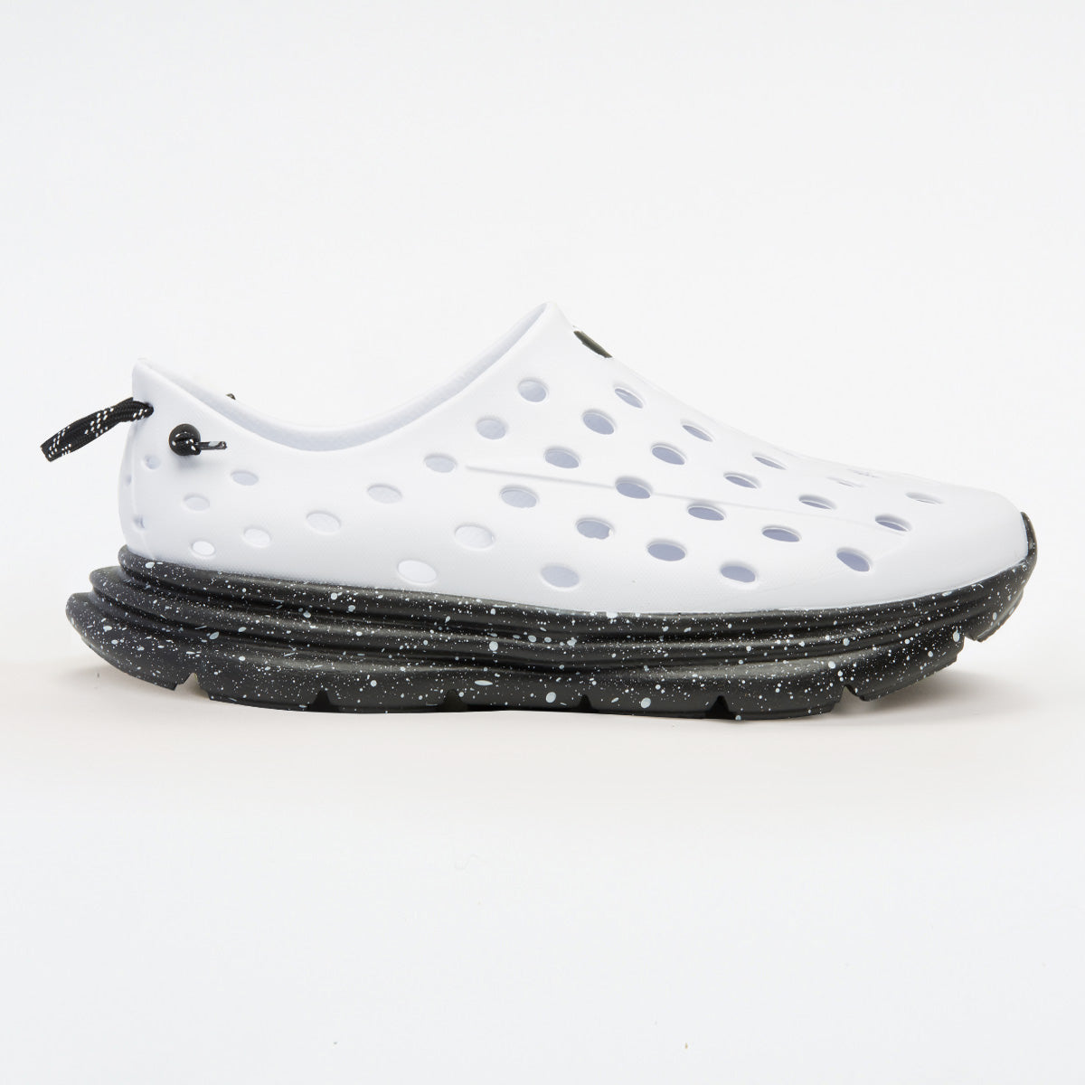 Side view on white background of Womens Kane Revive running shoe in White/Black Speckle, Medium (Regular) width