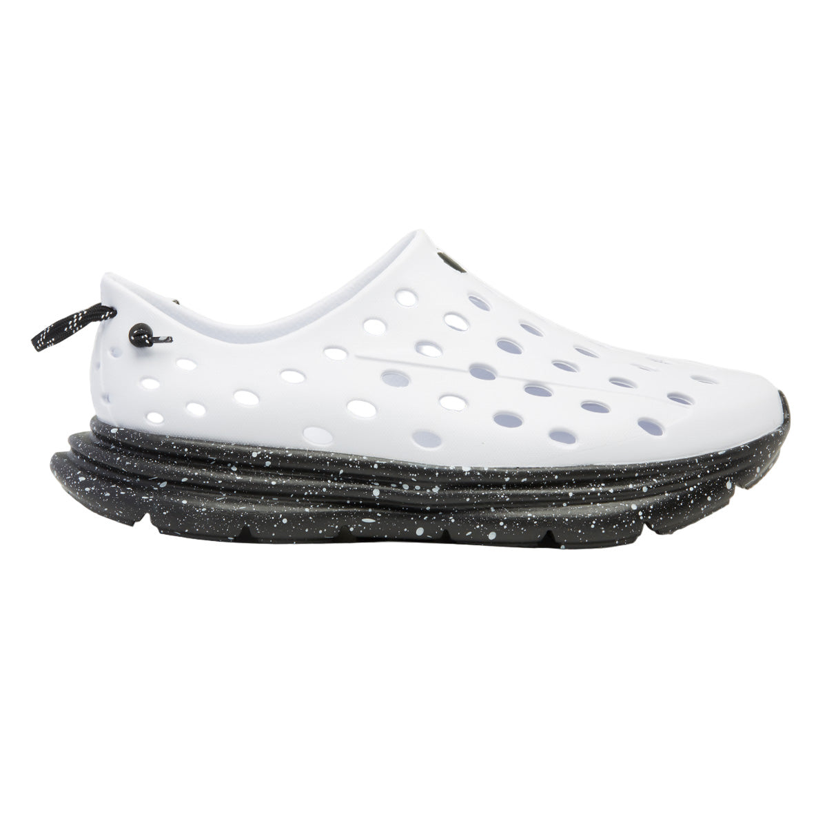 Side view on white background of Womens Kane Revive running shoe in White/Black Speckle, Medium (Regular) width