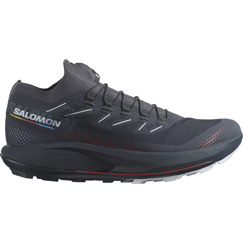 Side view on white background of Mens Salomon Pulsar Trail Pro 2 running shoe in Carbon/Fiery Red/Arctic Ice, Medium (Regular) width