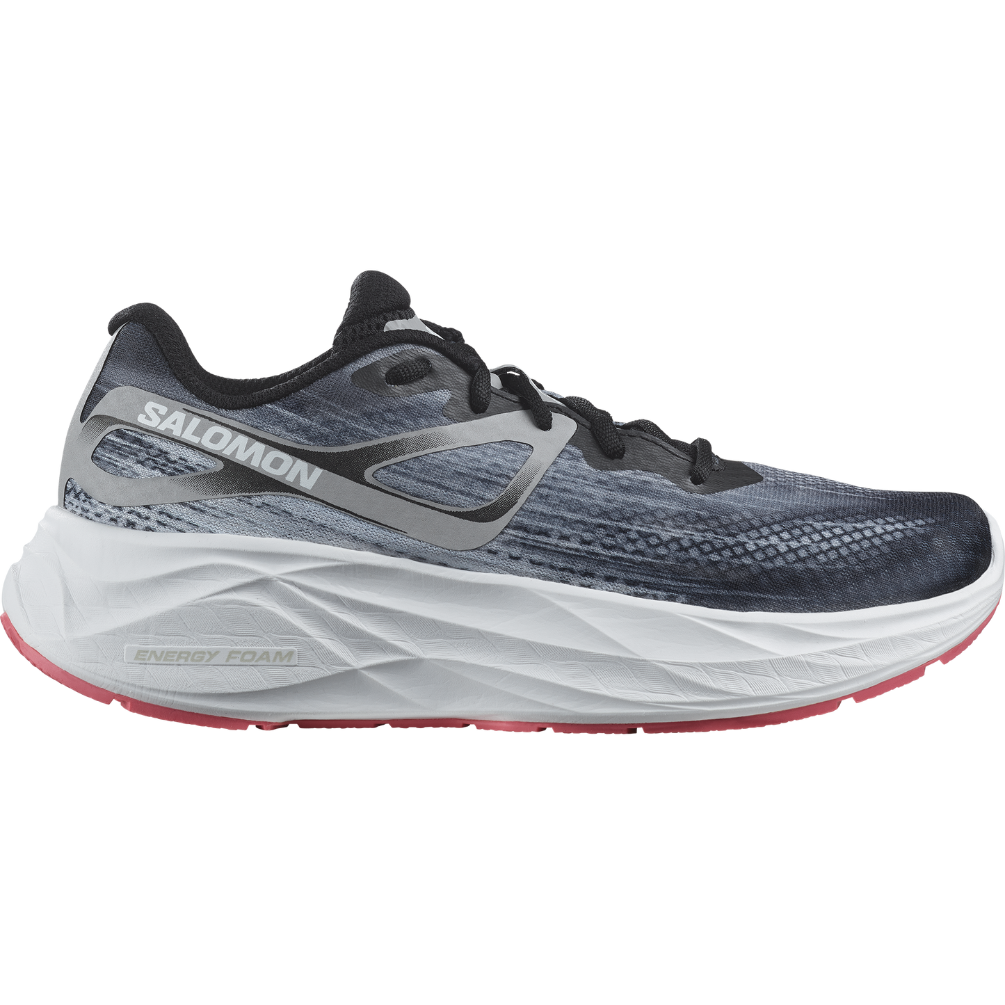 Side view on white background of Mens Salomon Aero Glide running shoe in Black/Alloy/Coral Gold, Medium (Regular) width