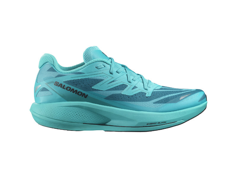 Side view on white background of Mens Salomon Phantasm 2 running shoe in Peacock Blue/Tahitian Tide/Black, Medium (Regular) width