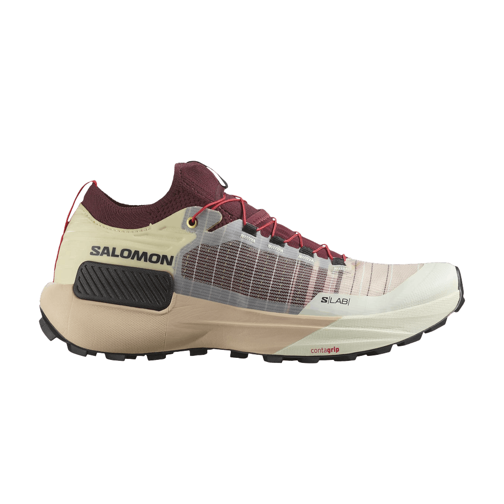 Side view on white background of Womens Salomon S/Lab Genesis running shoe in Vanilla Ice/Decadent Chocolate/Black, Medium (Regular) width