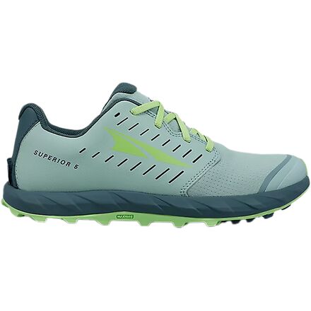 Side view on white background of Womens Altra Superior 5 running shoe in Light Green, Medium (Regular) width