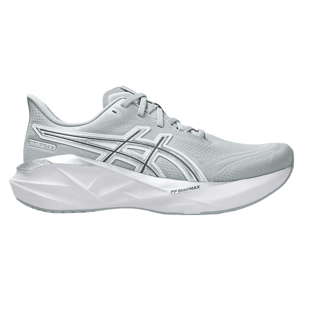 Side view on white background of Womens Asics Novablast 5 running shoe in Piedmont Grey/Pure Silver, Medium (Regular) width