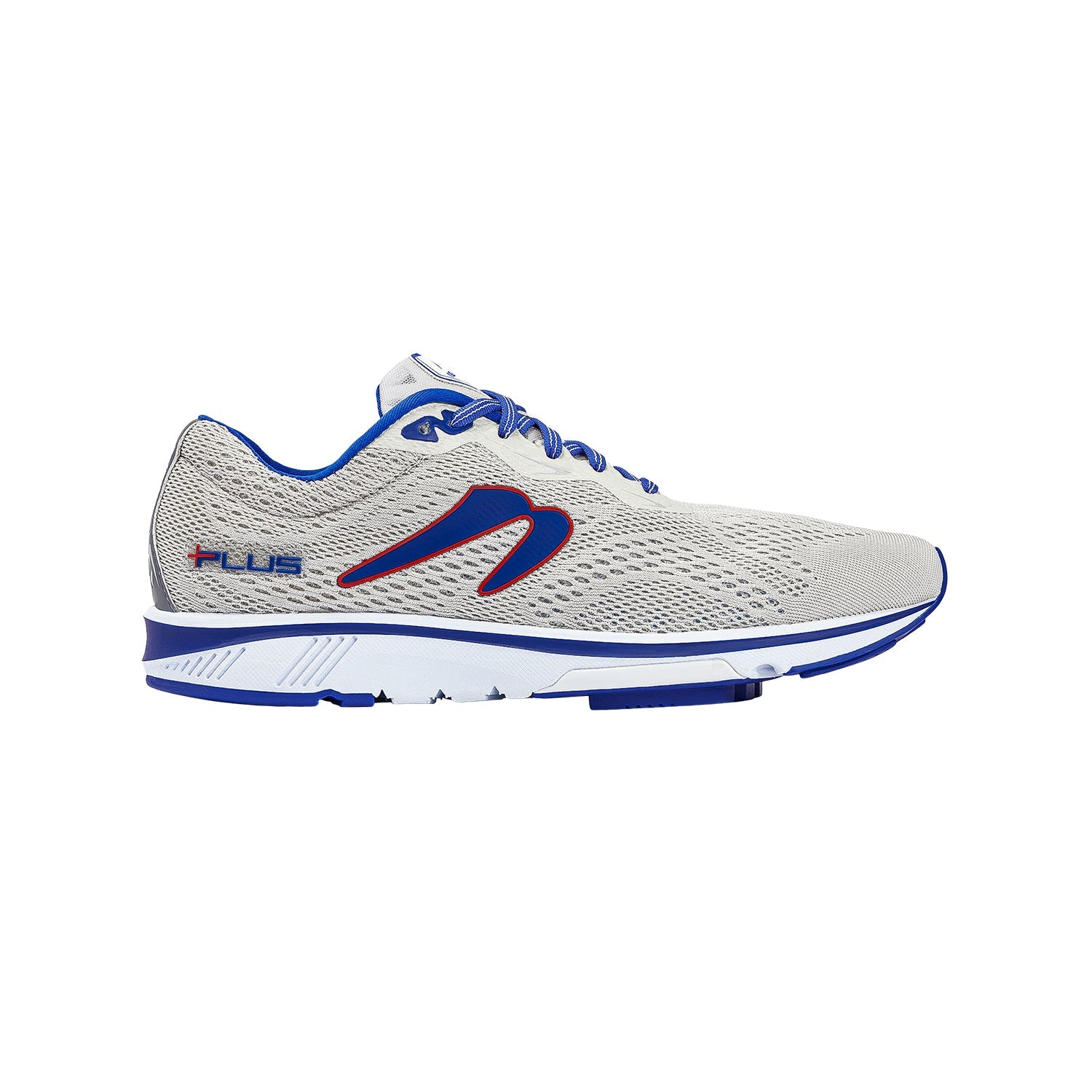 Side view on white background of Mens Newton Running Motion+ running shoe in Grey/Royal, Medium (Regular) width