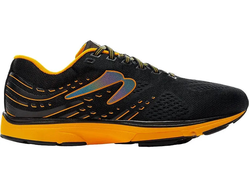 Side view on white background of Mens Newton Running Kismet 9 B running shoe in Black/Amber, Medium (Regular) width