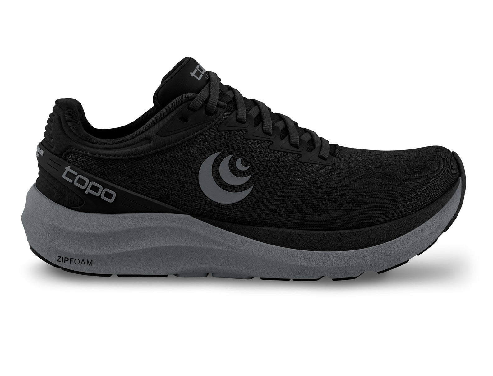 Side view on white background of Womens Topo Athletic Phantom 3 running shoe in Black and Charcoal, Medium (Regular) width