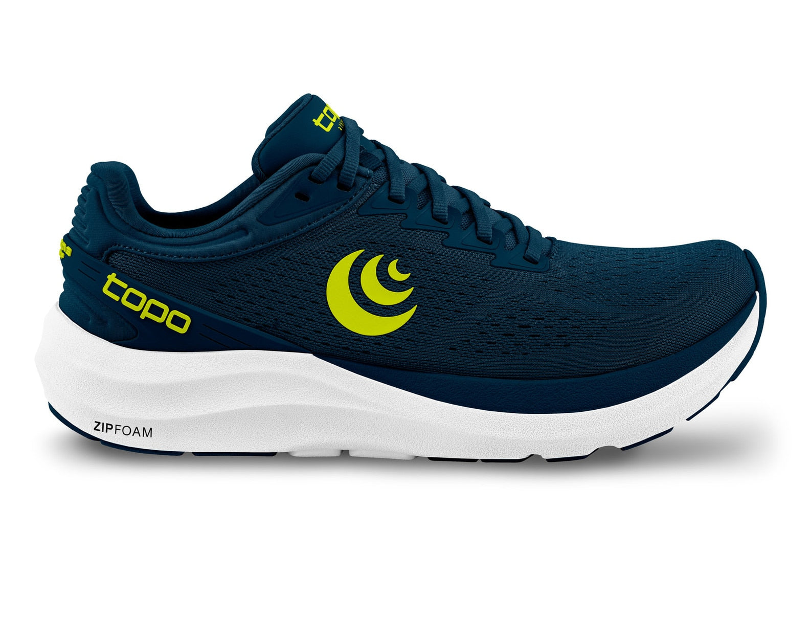 Side view on white background of Mens Topo Athletic Phantom 3 running shoe in Navy and Lime, Medium (Regular) width
