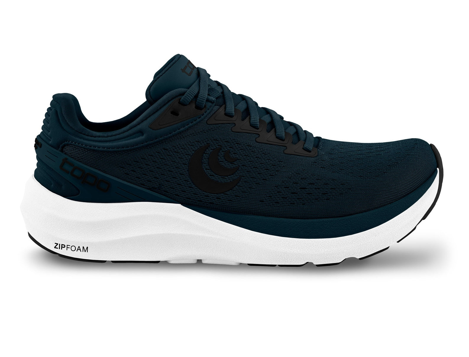Side view on white background of Mens Topo Athletic Phantom 3 running shoe in Navy/White, Medium (Regular) width