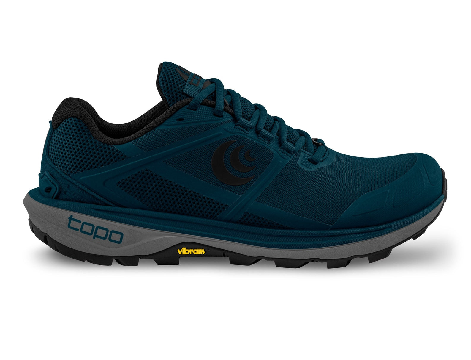 Side view on white background of Mens Topo Athletic Terraventure 4 running shoe in Navy/Black, Medium (Regular) width