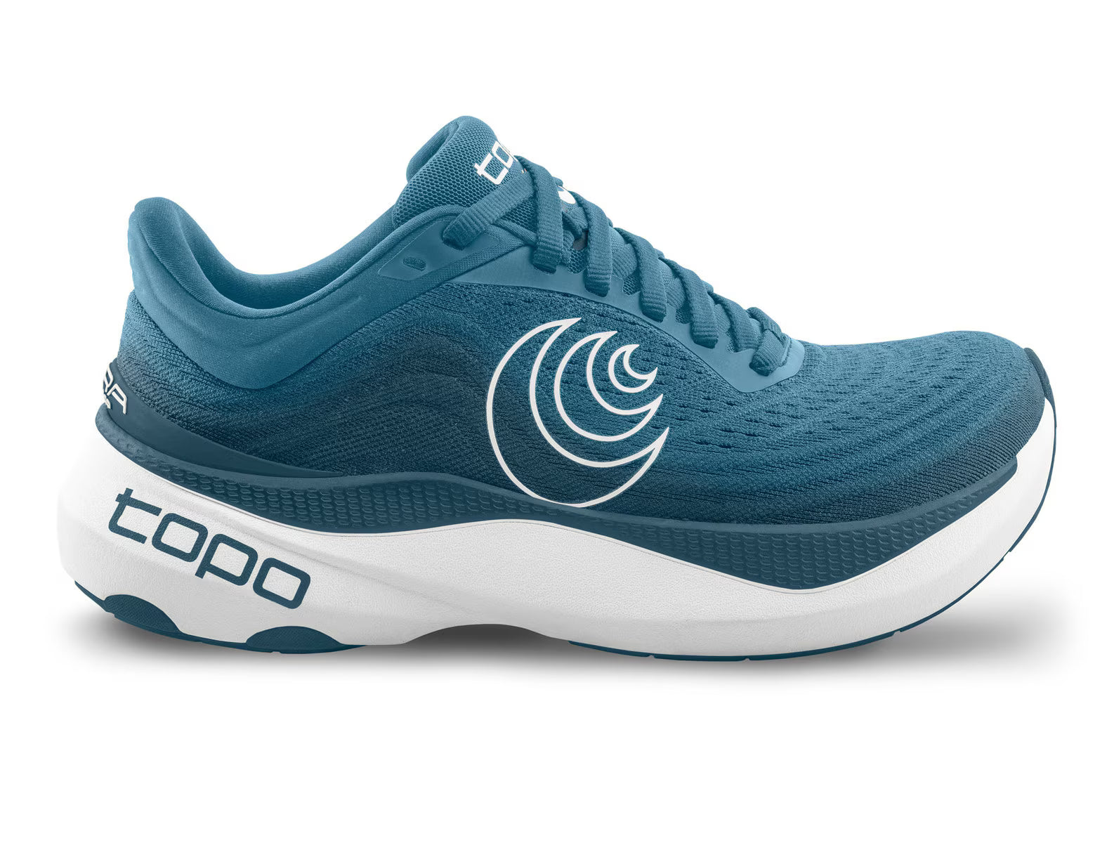 Side view on white background of Mens Topo Athletic Aura running shoe in Blue/White, Medium (Regular) width