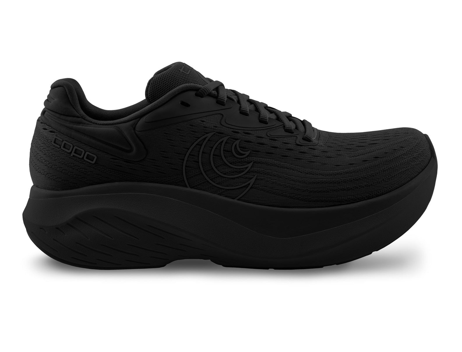 Side view on white background of Mens Topo Athletic Atmos running shoe in Black/Black, Medium (Regular) width