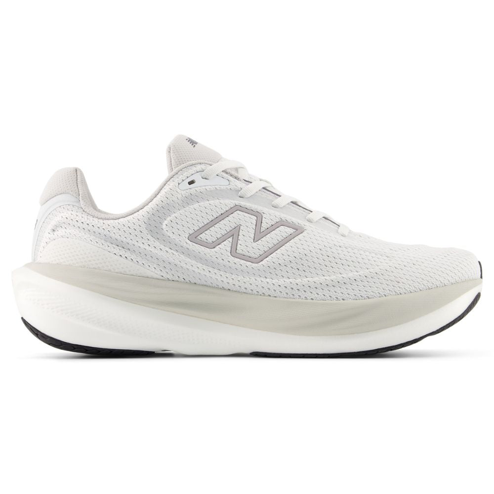 Side view on white background of Mens New Balance Fresh Foam X 1080v15 running shoe in NB 103 White/Truffle Salt/Grey Matter, Medium (Regular) width