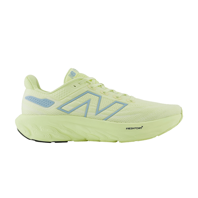 Side view on white background of Mens New Balance Fresh Foam X 1080v13 running shoe in Limelight/Chrome Blue/Silver Metalic, Medium (Regular) width