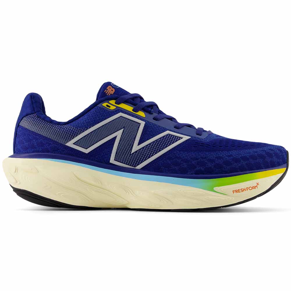 Side view on white background of Mens New Balance Fresh Foam X 1080 running shoe in Inkwell/Silver Metallic, Wide width
