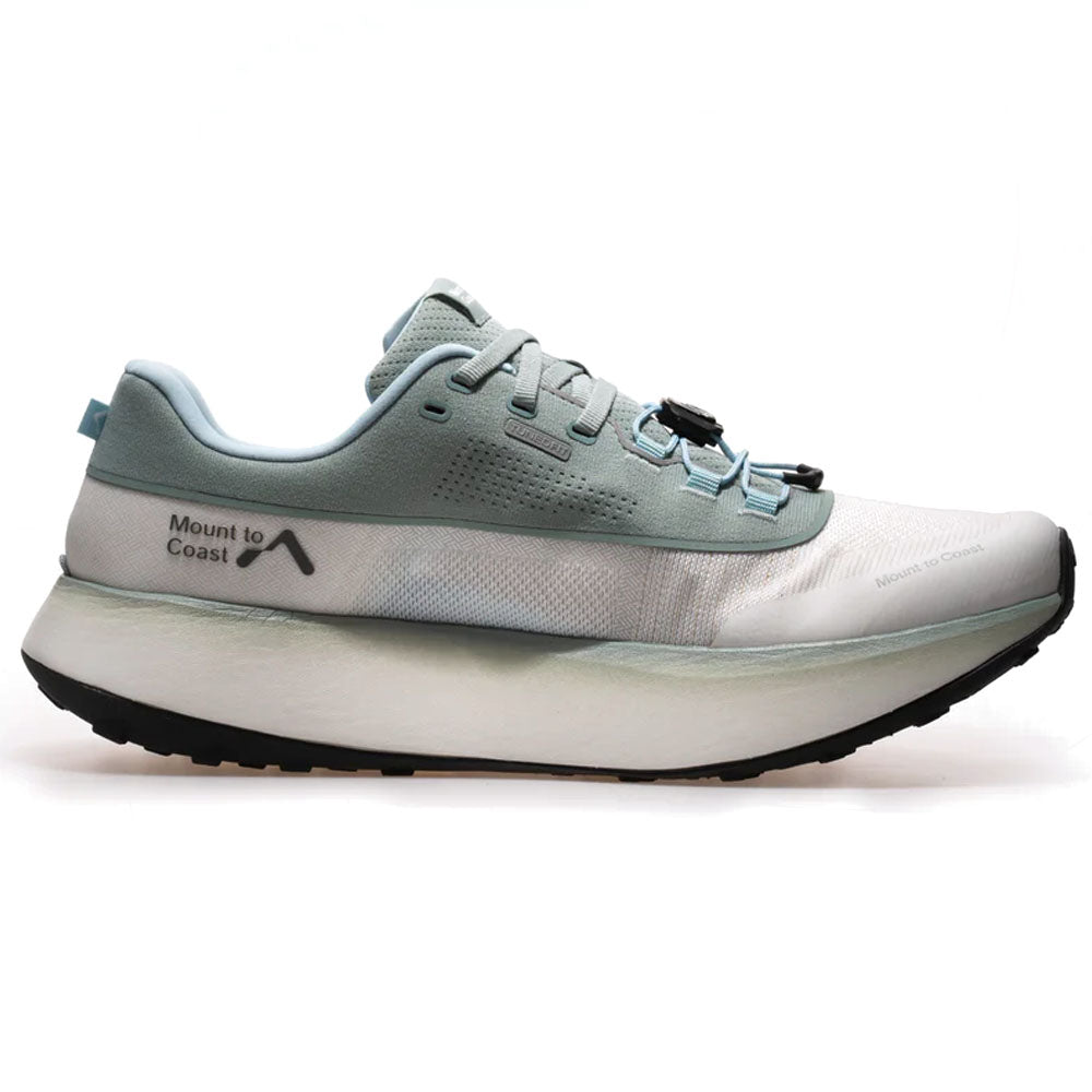 Side view on white background of Womens Mount To Coast H1 running shoe in Everglades, Medium (Regular) width