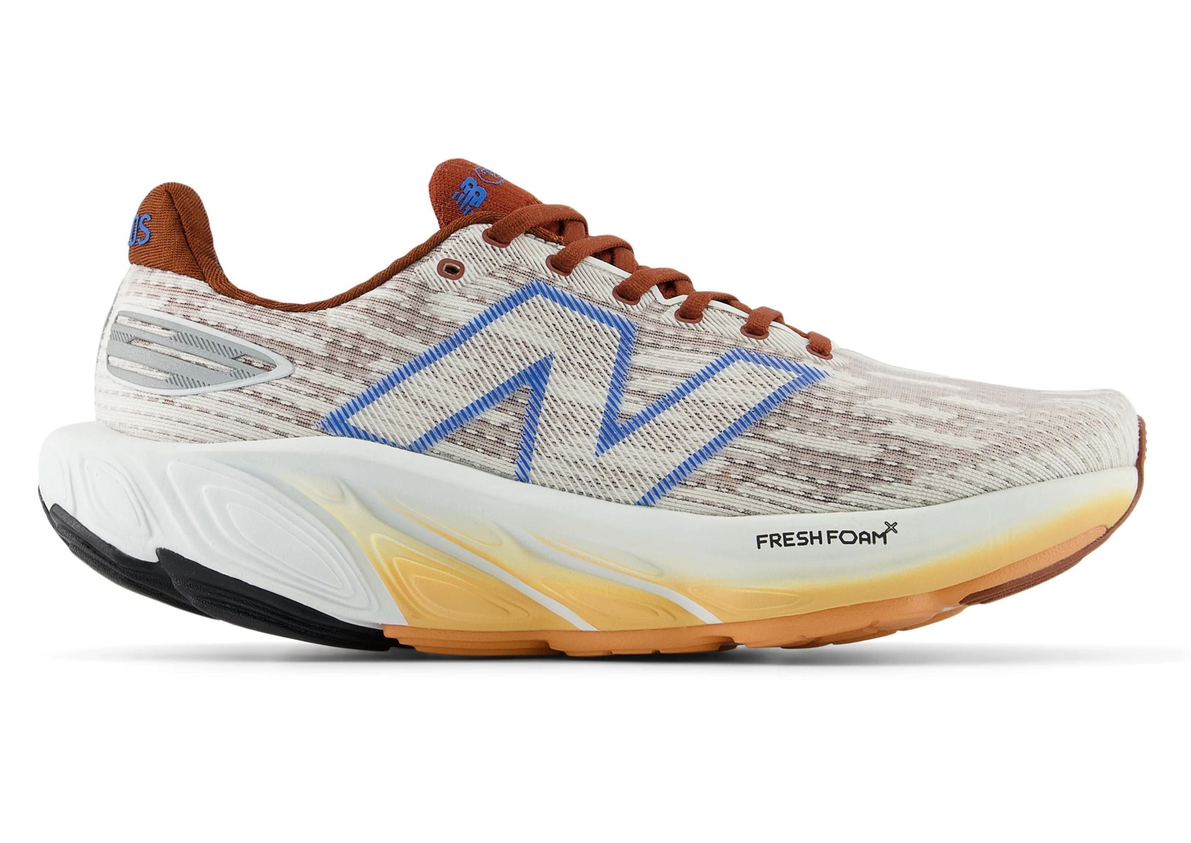 Side view on white background of Mens New Balance Fresh Foam X Balos running shoe in White/Relic Brown, Medium (Regular) width