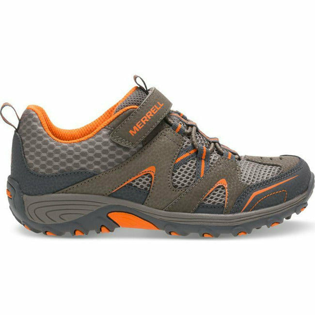 Side view on white background of Kids Merrell Trail Chaser running shoe in Gunsmoke/Orange, Wide width