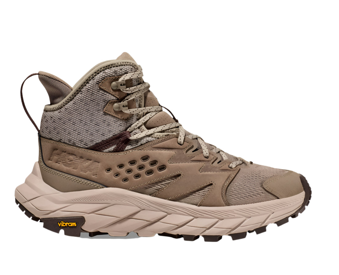 Side view on white background of Mens Hoka Anacapa Breeze Mid running shoe in Dune/Oxford Tan, Medium (Regular) width