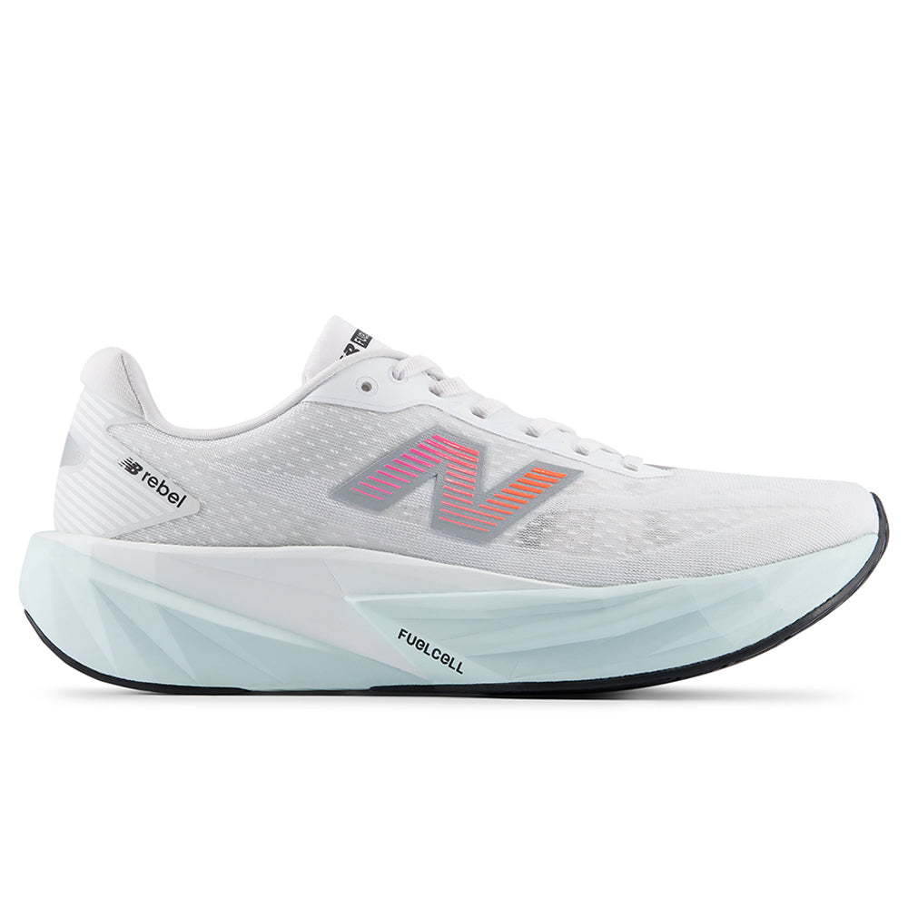 Side view on white background of Mens New Balance FuelCell Rebel running shoe in White/Pink Heat/Glint Blue, Medium (Regular) width