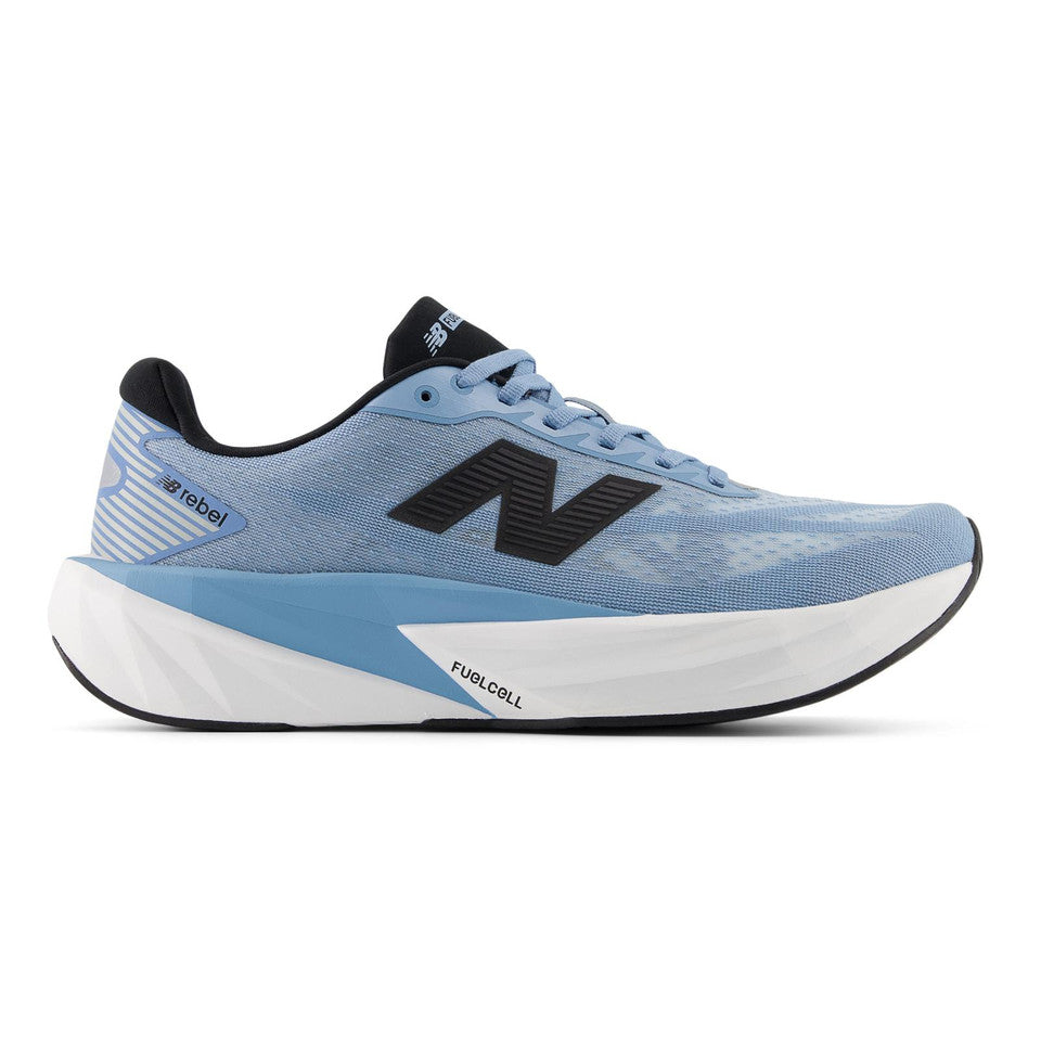 Side view on white background of Mens New Balance FuelCell Rebel v5 running shoe in Still Water/Raincloud/White, Medium (Regular) width
