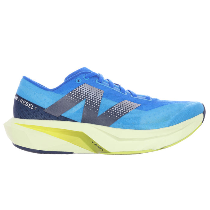 Side view on white background of Womens New Balance FuelCell Rebel v4 running shoe in Spice Blue/Limelight Blue Oasis, Medium (Regular) width