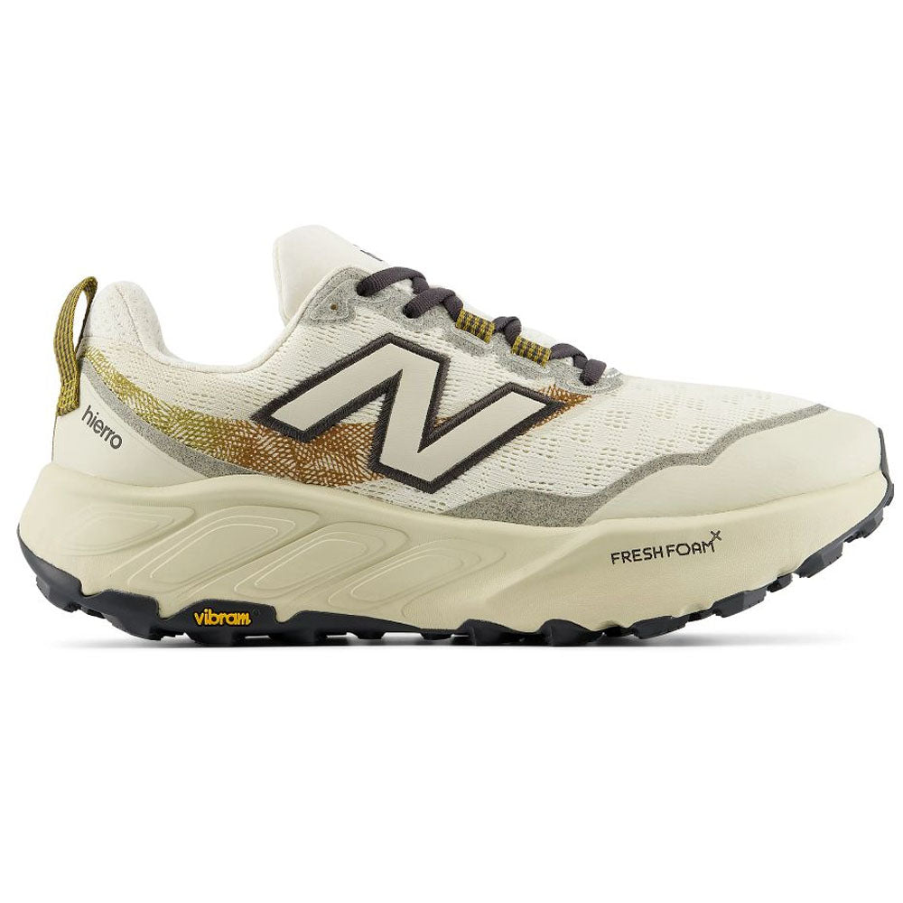 Side view on white background of Mens New Balance Fresh Foam X Hierro running shoe in Angora/Basil Oil, Medium (Regular) width