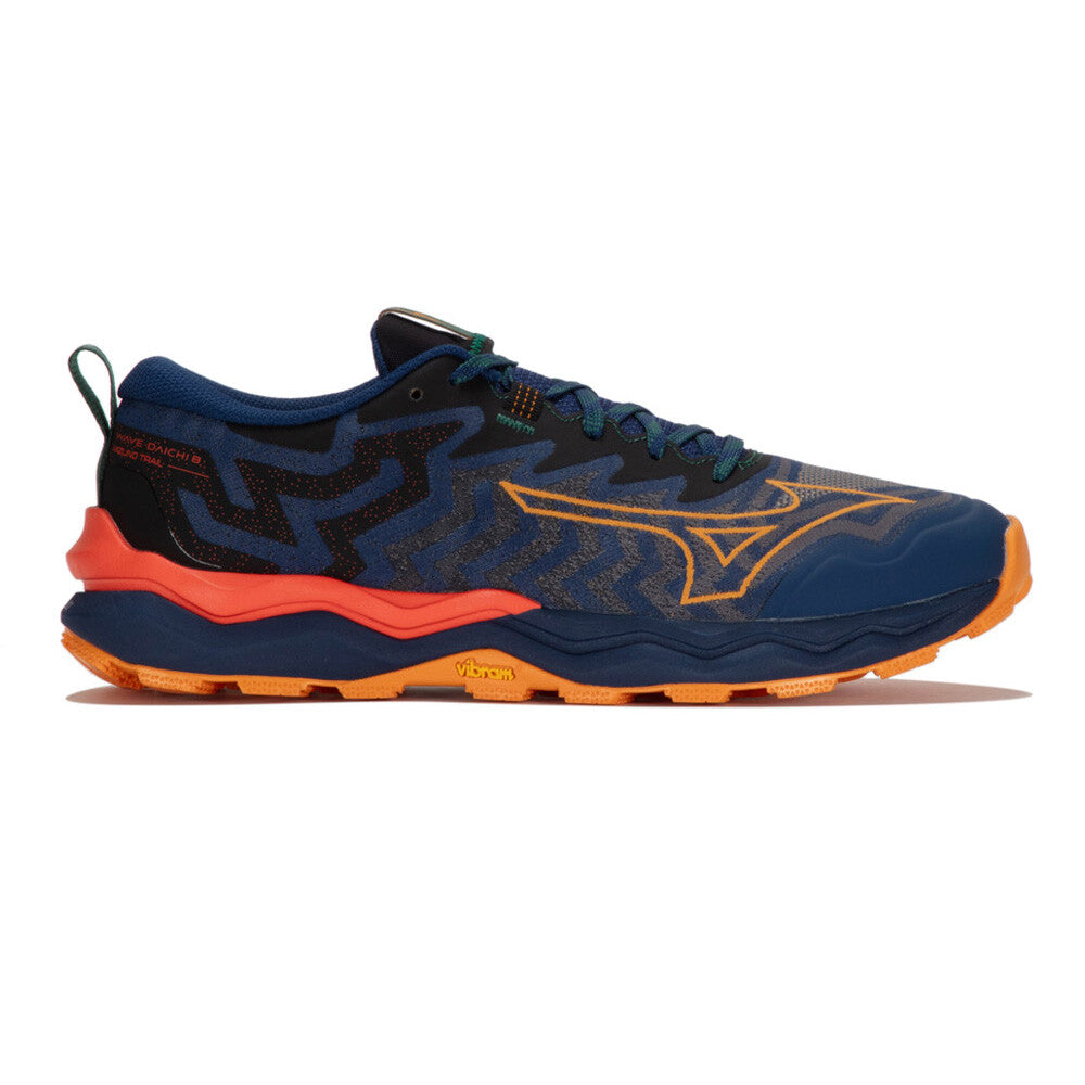 Side view on white background of Mens Mizuno Wave Daichi 8 running shoe in Estate Blue/Apricot, Medium (Regular) width