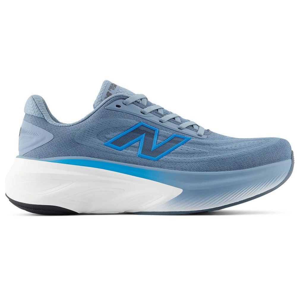 Side view on white background of Mens New Balance Fresh Foam X More running shoe in Zinc Blue/Altitude, Medium (Regular) width