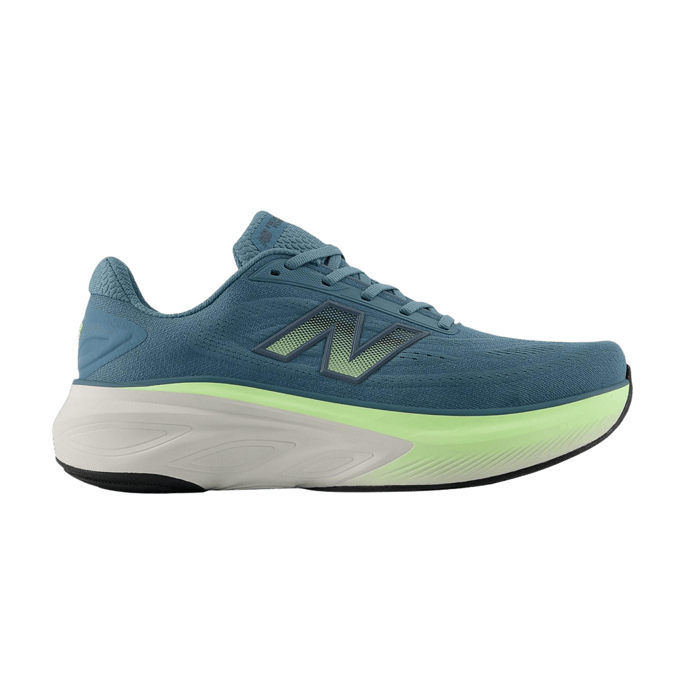 Side view on white background of Mens New Balance Fresh Foam X More v6 running shoe in Salt Water/Afterglow/Greymatter, Medium (Regular) width