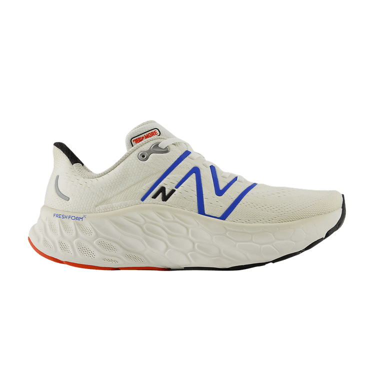 Side view on white background of Mens New Balance Fresh Foam X More v4 running shoe in Sea Salt/Blue Oasis/Black, Medium (Regular) width